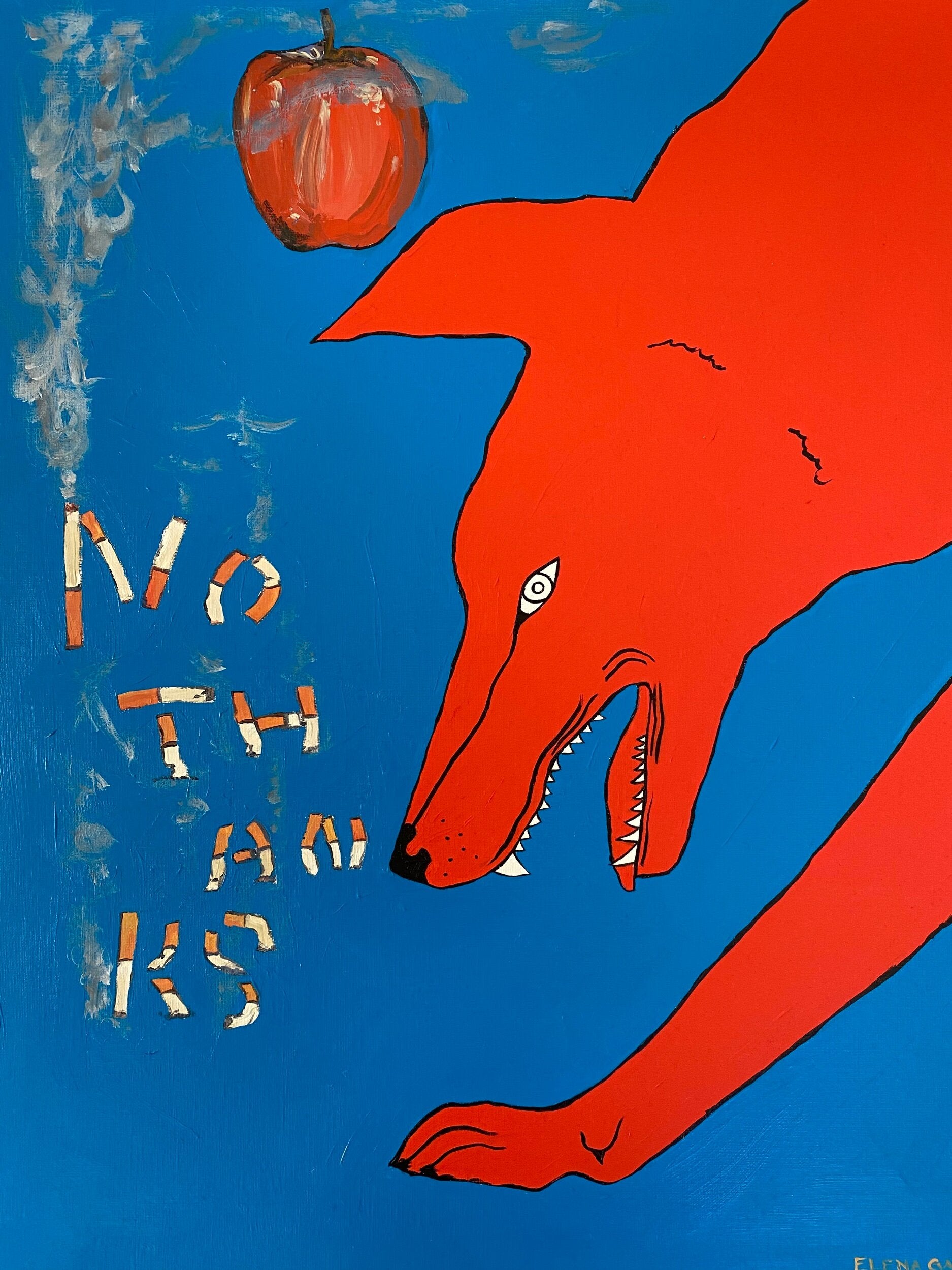 an image of a wolf with an apple above it with no thanks written out in cigarettes