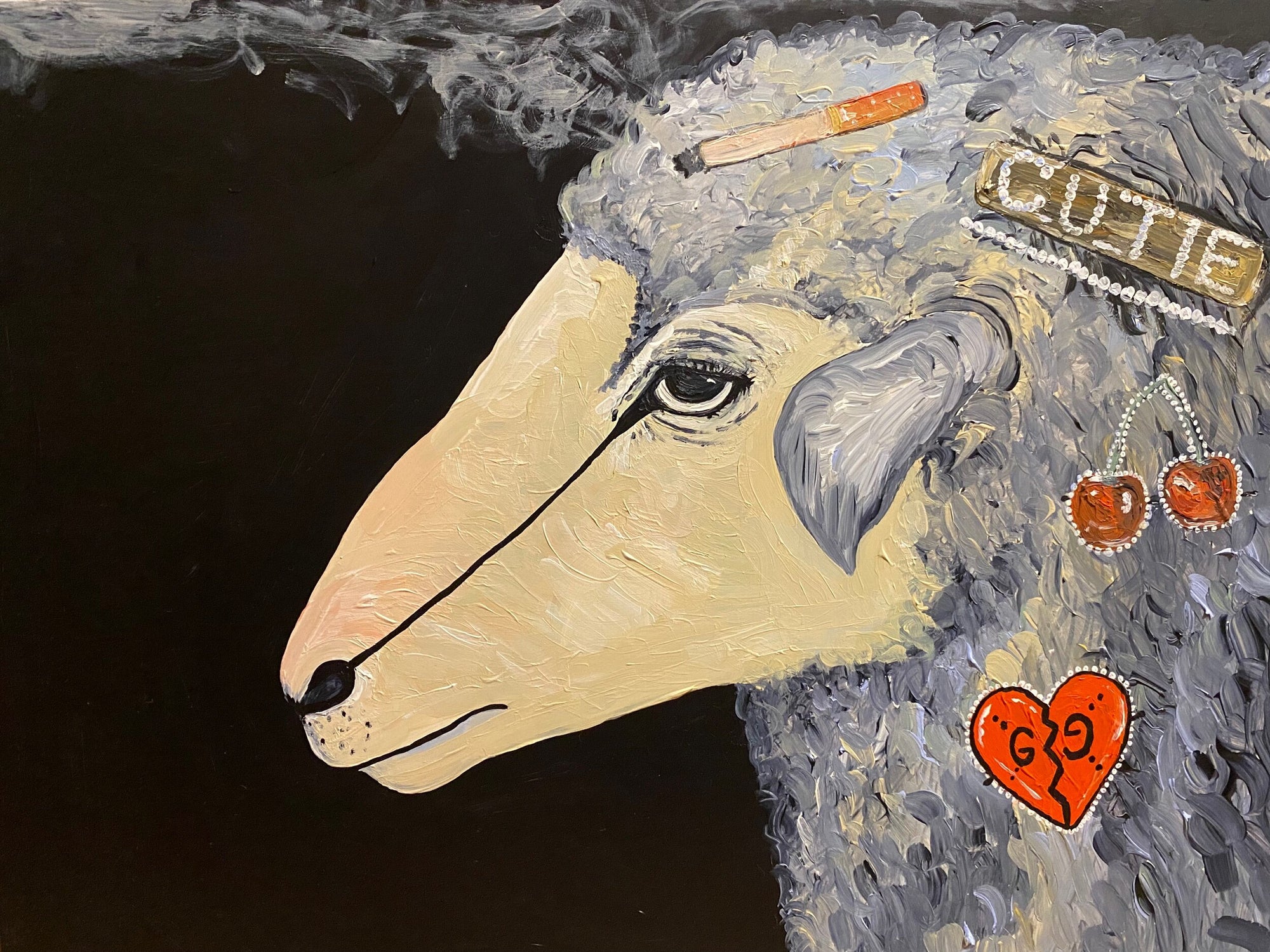 image of a sheep with pins in its wool that include cherries, a heart, the word cutie, and a cigarette on its head