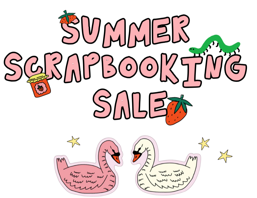 Promotional graphic for a summer scrapbooking sale with decorative elements on a white background.